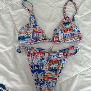 Colorful Coastal Print Triangle Bikini